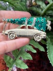AJC Large Christmas Brooch Bringing Home the Tree with Car Gold Tone and Enamel