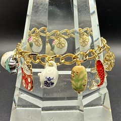 Vintage Custom Charm Bracelet + Vtg Charms: Faux Opal, Fish, Lucky Cat, MORE