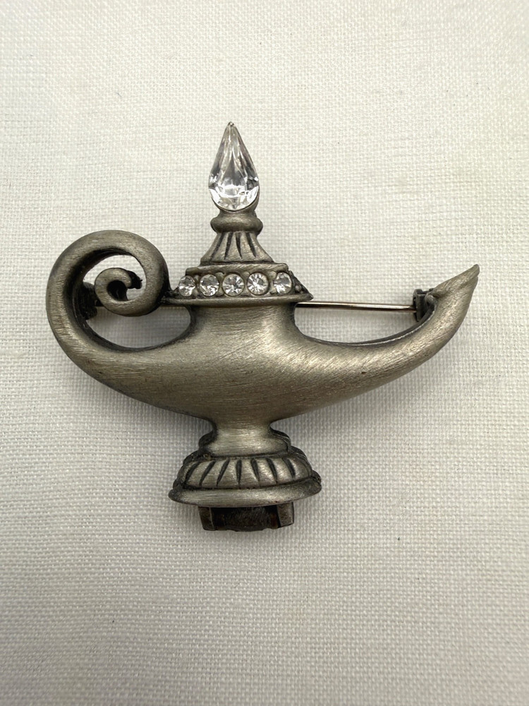 Vintage Aladdins Lamp Brooch Pin Opens Hidden Genie Inside Rhinestones Signed