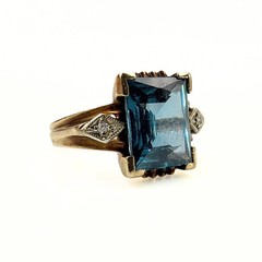 Antique Art Deco Marked 10K Emerald Cut Blue Topaz Diamond Ring Sz 4