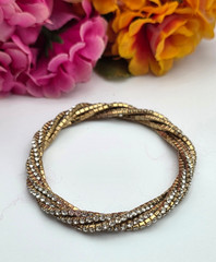 Gold Tone Clear Rhinestone Three Row Twisted Stretch Bracelet 6.5 In Vintage