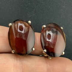 Vintage Schiaparelli Clip On Earrings Gold Tone Brown Glass