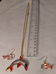 Glass Dolphin & Earrings On 18 inch, 2mm Chain Vintage