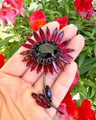 Vintage Schreiner Deep Red Rhinestone Daisy Flower Brooch Pin
