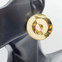 Geometric Mismatch Metal Cream Enamel Gold Tone Round Career Pierced Earrings