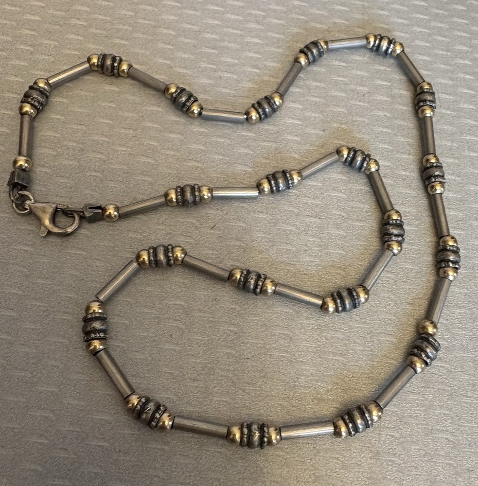 Vintage Sterling Silver and Gold Bead Necklace 19″ Foxtail Chain 925 2-Tone
