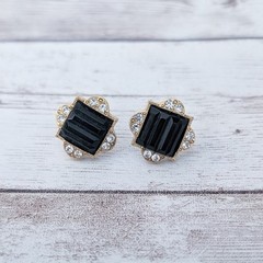 Vintage Earrings for Pierced Ears Dainty Black, Clear Gem, Gold Tone