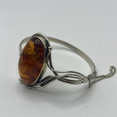VTG Sterling Silver Baltic Amber Hinged Bangle Bracelet