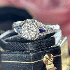 Art Deco Old European Cut Diamond Sapphire Engagement Ring