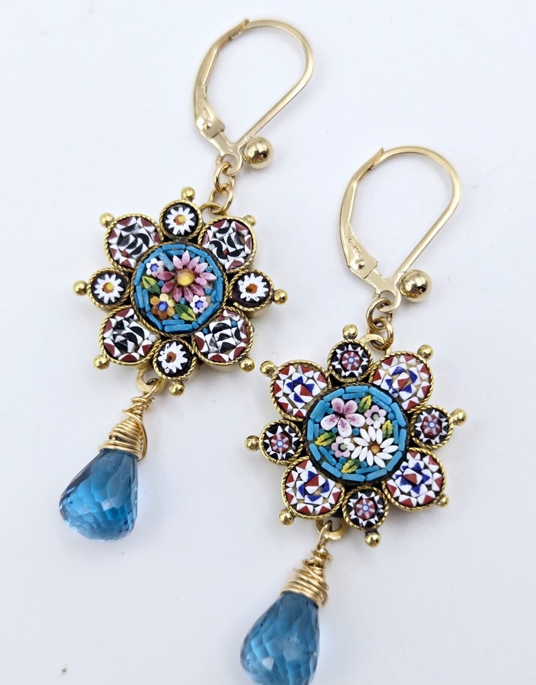 Micro Mosaic Earrings London Blue Topaz Antique Italy 14K Gold Filled