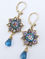 Micro Mosaic Earrings London Blue Topaz Antique Italy 14K Gold Filled