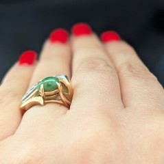 Vintage 1960s Jade Diamonds 14k Yellow White Gold Statement Ring Retro Mid Cent.