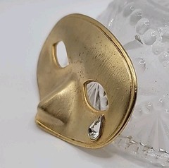Vtg Mask with Clear Rhinestone Tear Brooch Pin Gold Tone 3D Masquerade Motif