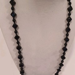 Vtg Long Jet Black Glass Beaded Necklace 28″ Diamond And Round Shape Beads