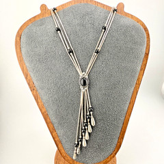 Vintage 925 Sterling Silver & Onyx Southwestern Lariat Necklace Liquid Silver