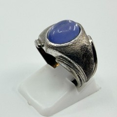 Vintage Brutalist Men’s Signet Ring Silver Tone Blue Cabochon Textured Band