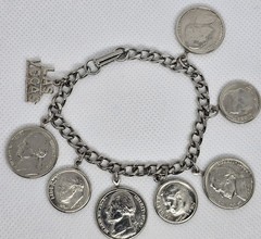 Vintage Las Vegas Charm U.S. Coins 7.25″ Bracelet Silver Tone Nickels Dimes
