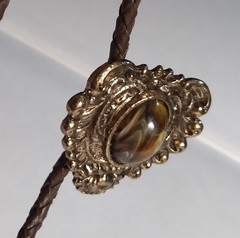 VTG Bolo Tie Leather, Bronze-Tone Pewter(??) Brown Polished Stone *READ ALL*