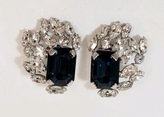 Vintage Schreiner Earrings Blue Rectangle Clear Rhinestones Gorgeous!
