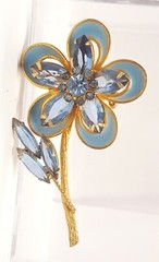 Vintage Blue Glass Rhinestone Enamel Flower Brooch Marquise Round Gold Tone Pin