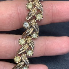Vintage Coro 7.5” Bracelet Textured Gold Tone Leafs Rhinestones Fold Over Clasp