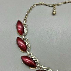 Vintage Burgundy Marquise Cabochon Gold Tone Necklace Clip On Earrings Set