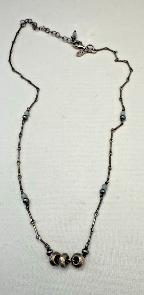 Vintage J&I Gibson Station Necklace 925 Sterling Silver W/jade & Pearl Beads 18″