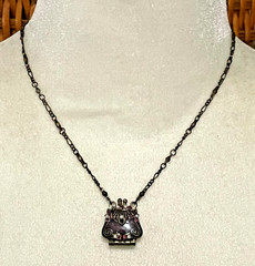 Vintage VCLM Brass Tone Purse Brown Rhinestone Locket Pendant Necklace