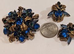 JULIANA DELIZZA ELSTER GOLDTONE SAPPHIRE BLUE RHINESTONE VENUS FLAMES SET