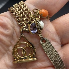 Custom Vintage Gold Filled Pocket Watch Chain & Mesh Bracelet w Charms & Regalia