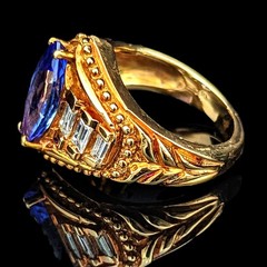 GIA Cert Vintage Tanzanite Baguette Cut Diamond 18k Yellow Gold Statement Ring