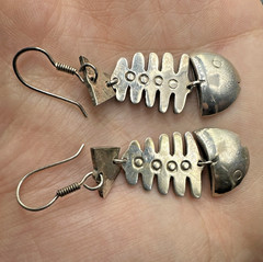 Vtg Taxco Sterling Silver Articulated Skeleton Bone Fish Dangle Earrings 15.9g