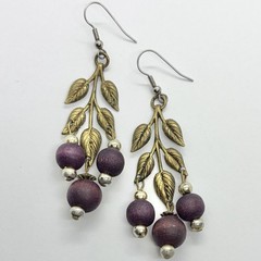 Vtg Big Art Nouveau Brass Leaves Chandelier Burgundy Bead Statement Earrings