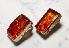Vintage 925 Sterling Silver Genuine AMBER Oblong CLIP ON Earrings 3/4” Long EC