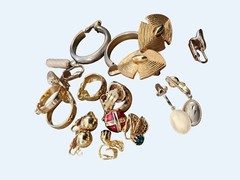 Vintage Jewelry Lot 10 Pairs Clip Earrings Hoops Dangles Gold Tone Retro