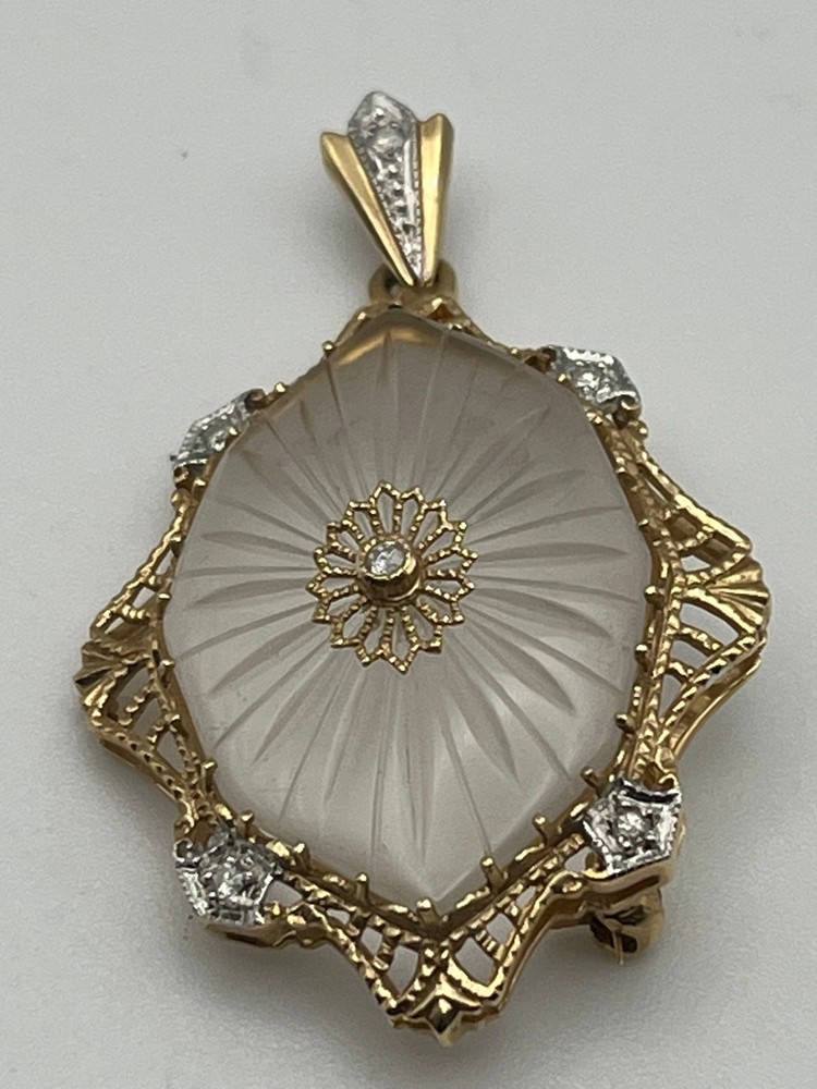 14K Solid Gold Art Deco Camphor Glass Diamond Filigree Pendant Brooch Pin 1.5″