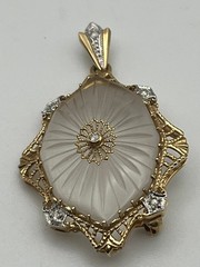 14K Solid Gold Art Deco Camphor Glass Diamond Filigree Pendant Brooch Pin 1.5″