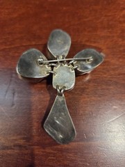 Vtg Israel Sterling Silver Roman Glass Cross Brooch Pin Pendant Aqua Blue 925