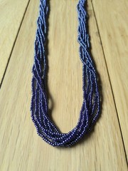Natural Nepal Glass Seed Bead Multi Strand Necklace. Iridescent Peacock Blue 22″