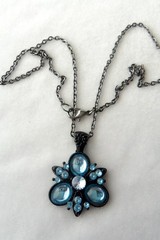 Vintage Sky Blue Rhinestone Cluster Black Enamel Pendant Necklace
