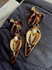Vintage Hobe Clip Screw Earrings Openwork Filigree Faux Pearl Red Garnets Dangle