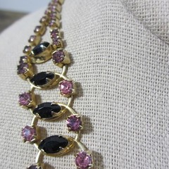 Vintage Rhinestone Necklace Purple Black Gold Tone Choker Collar 15 Inch
