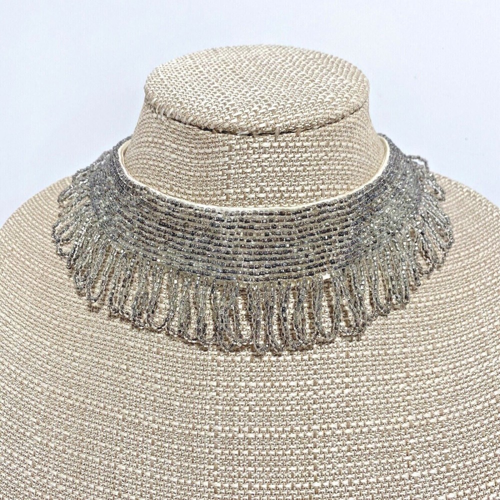 Vintage beaded collar accessory glittering silver tone bead dangles loops chic