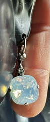 Vintage Glass Opal Rhinestone Silver tone Pierced Earrings, dangles 1.25″