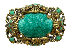 VTG W. Germany Ornate Peking Glass Filigree Shell motifs Brooch C-clasp Art Deco