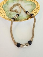 VCLM Gold Tone Mesh Necklace Black Crystal Rhinestone Statement Necklace