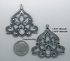 #0161 LARGE ANTIQUED STERLING SILVER PLATED FILIGREE W/TOP HANG RING – 2 Pc Lot