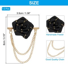 2 Pcs Rose Lapel Pin with Double Hanging Chain Brooch Suit Black with Gold Rim