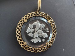 Vintage 1950’s to 1970’s Crown Trifari Zodiac Sign Etched Glass Pendant