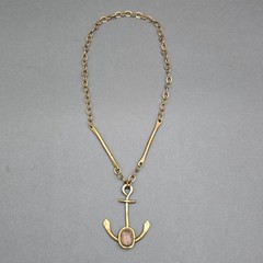 Vintage Brass Anchor Pendant Necklace Brutalist Glass Cabochon Statement Piece